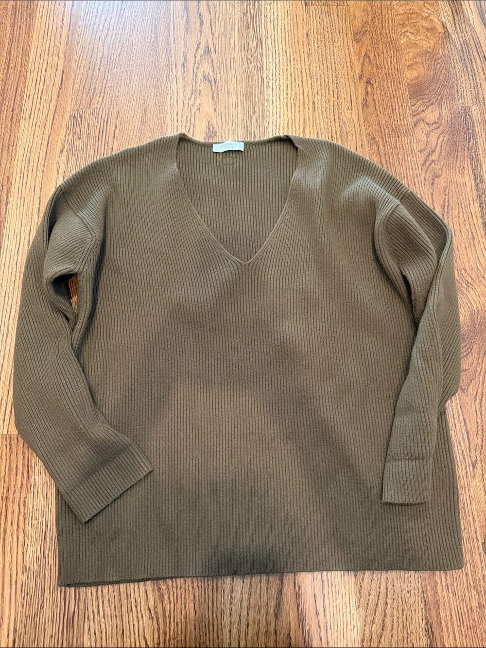 Ribbed V-Neck Knit Sweater in Olive Brown